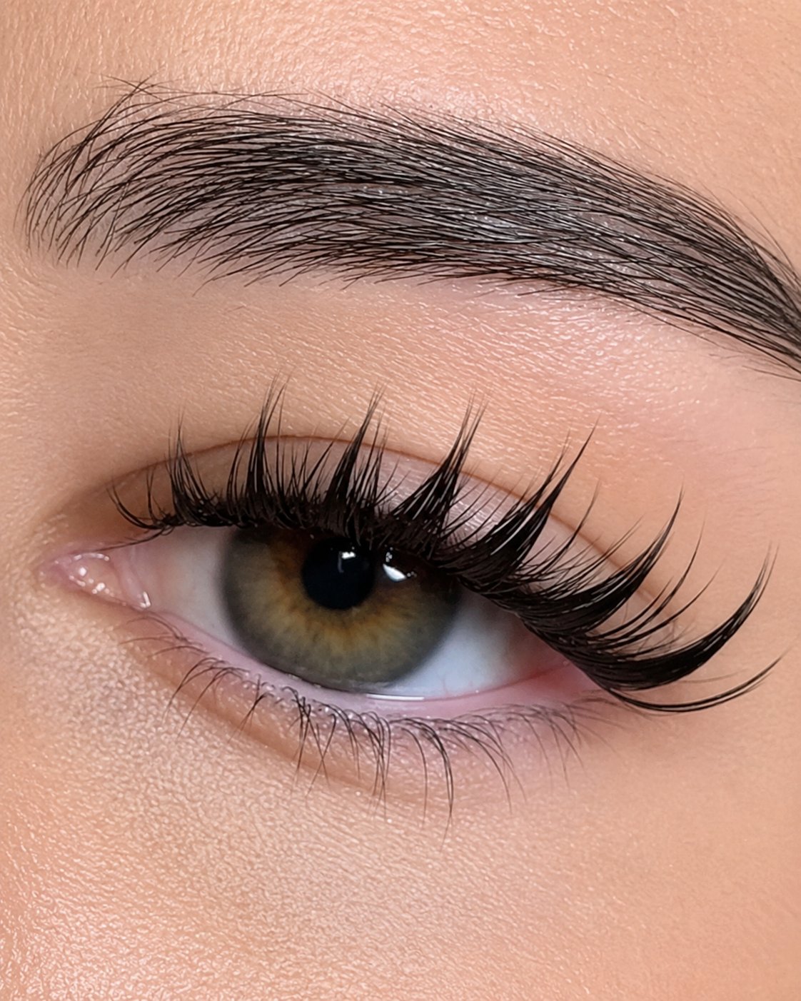 Close-up of an open eye with soft wispy false lashes, looking toward the camera